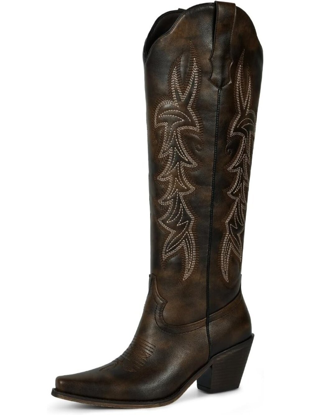 Women's Y-dark Brown Faux Leather Pointed Toe Cow girl Cowboy Boot